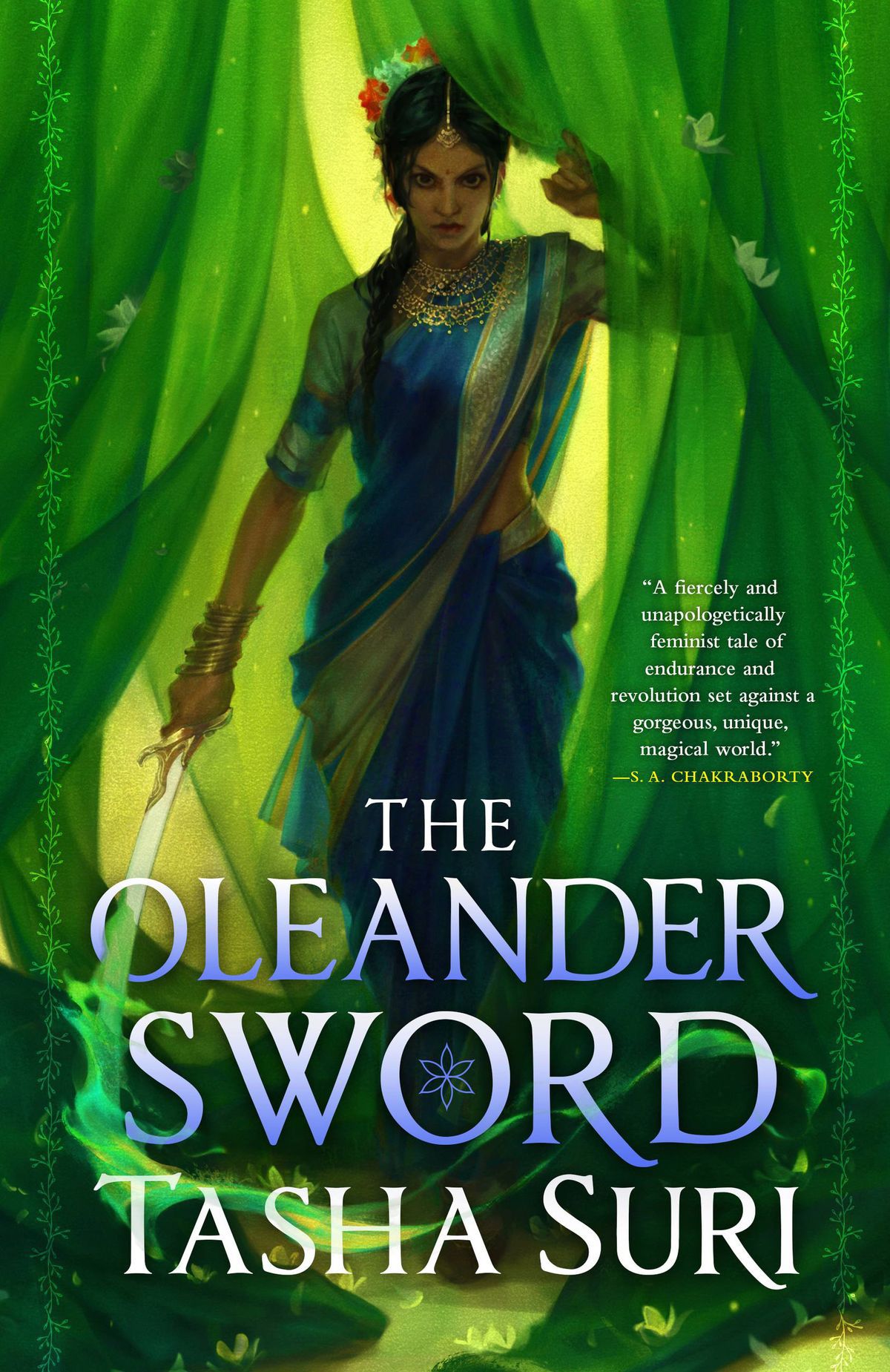 The cover of The Oleander Sword showing a woman standing between curtains of green fabric