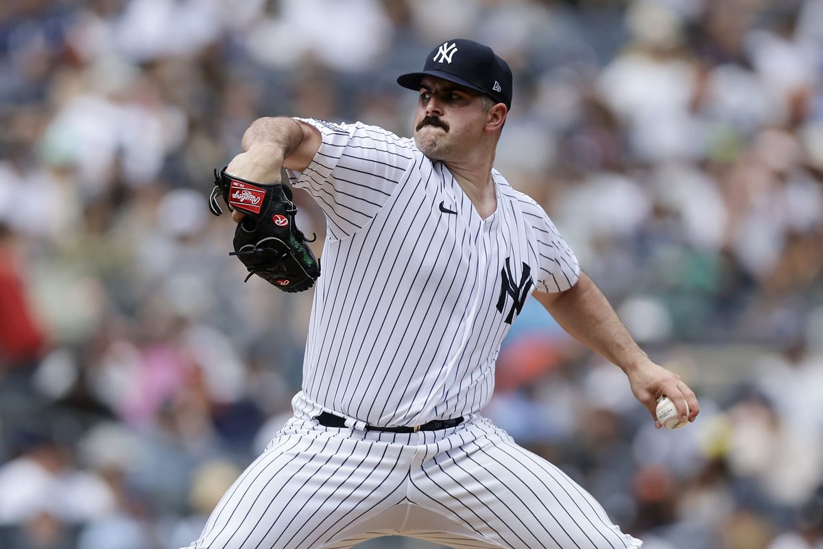 Carlos Rodon of the New York Yankees in action against the Houston Astros at Yankee Stadium on August 06, 2023 in the Bronx borough of New York City. The Astros defeated the Yankees 9-7.