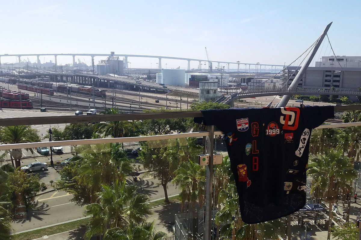 The jersey soaks in the view from Club 19 at Petco Park during SD Social Summit.