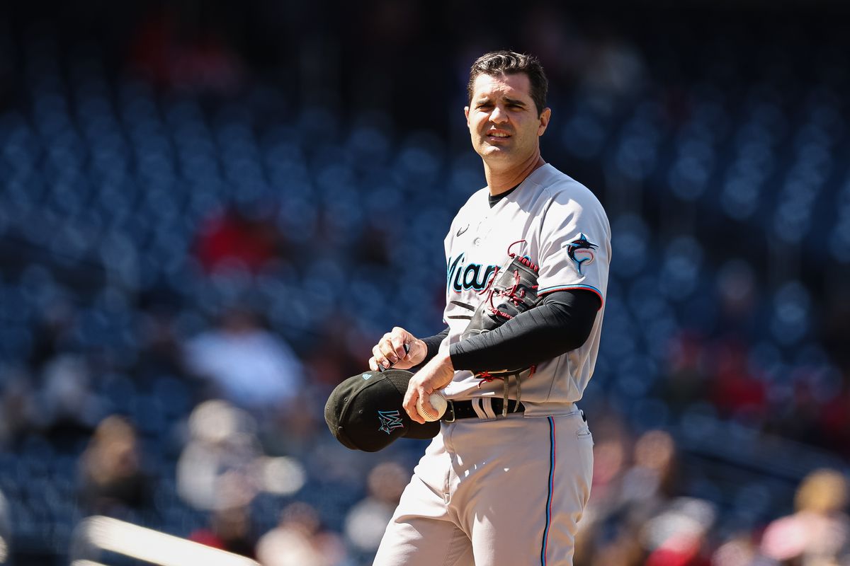 Miami Marlins relief pitcher Richard Bleier (35) reacts before being relieved against the Washington Nationals during the eighth inning at Nationals Park.
