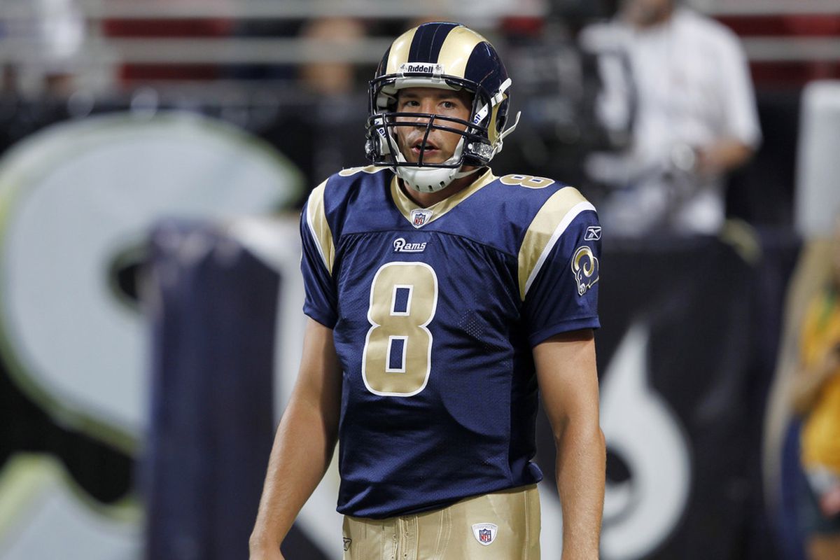 ST. LOUIS, MO - AUGUST 13: Sam Bradford #8 of the St. Louis Rams looks on before the NFL preseason game against the Indianapolis Colts at Edward Jones Dome on August 13, 2011 in St. Louis, Missouri. (Photo by Joe Robbins/Getty Images)