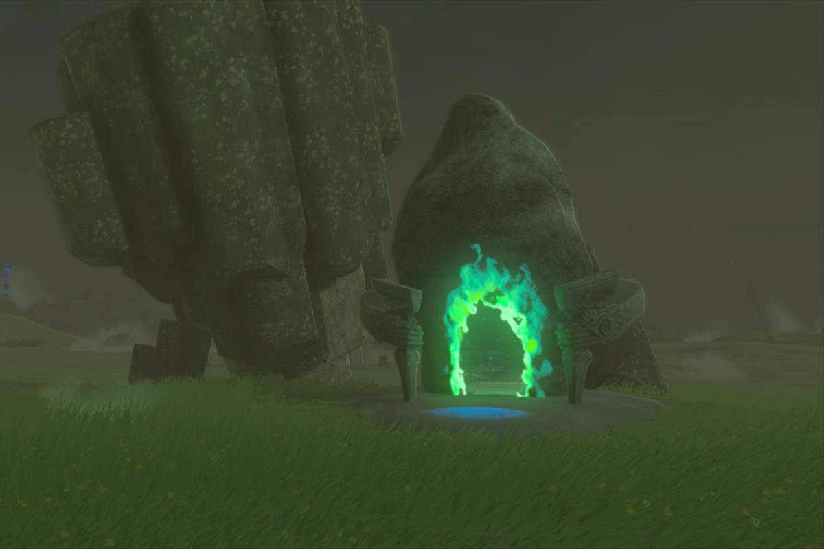 The Legend of Zelda: Tears of the Kingdom’s Jiosin shrine. There’s a glowing green opening leading Link into the shrine.