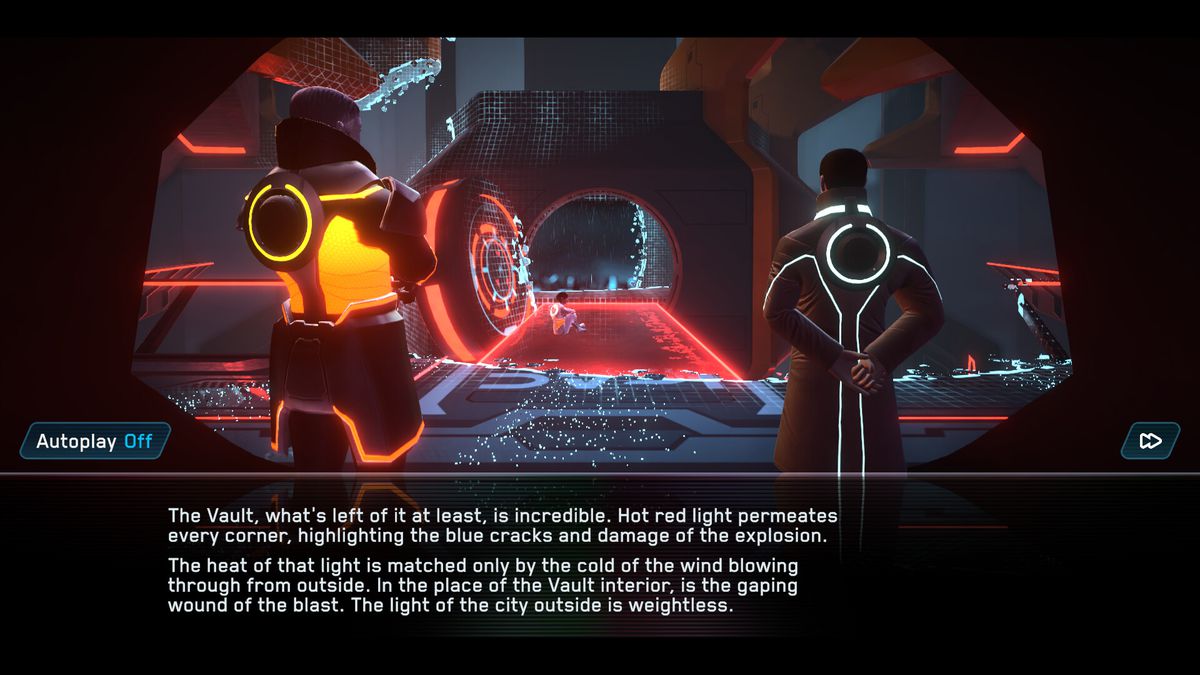 A screenshot from Tron: Identity, featuring a character named Griz (Left) and the player character Query (Right) standing side-by-side one another overlooking a crime scene.