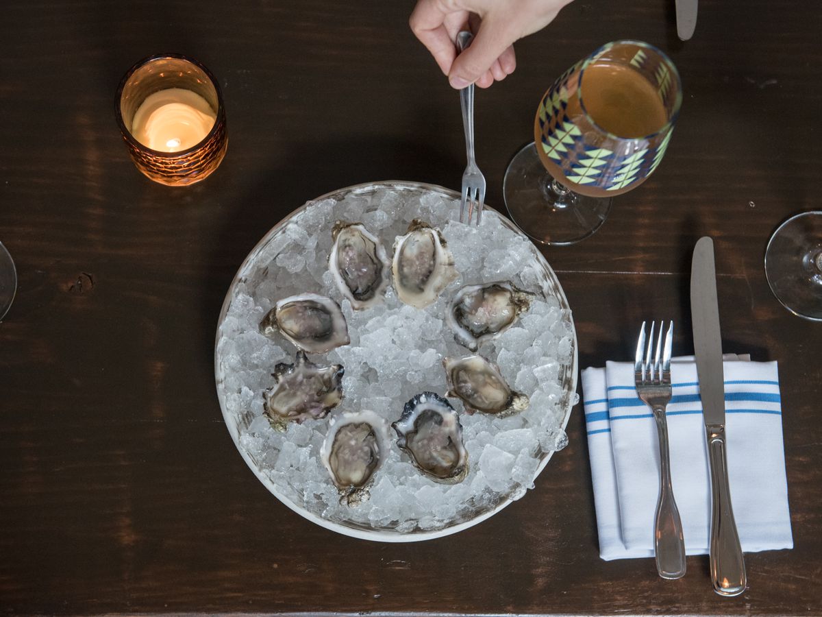 A top-down view of an oyster platter at Vinnie’s Raw Bar.