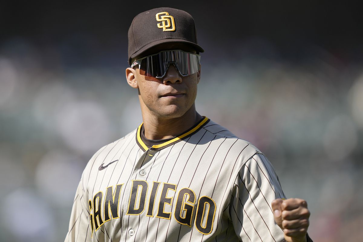 Juan Soto of the San Diego Padres looks on walking off the field against the Oakland Athletics at the end of the fifth inning at RingCentral Coliseum on September 16, 2023 in Oakland, California.