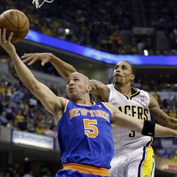 FILE - In this May 14, 2013 file photo, New York Knicks' Jason Kidd (5) shoots past Indiana Pacers' George Hill during the first half of Game 4 of an Eastern Conference semifinal NBA basketball playoff series  in Indianapolis. The Knicks say Jason Kidd has decided to retire from the NBA after 19 seasons. His retirement Monday, June 3, 2013,  comes two days after fellow 40-year-old Grant Hill, with whom Kidd shared Rookie of the Year honors in 1995, announced his retirement.  
