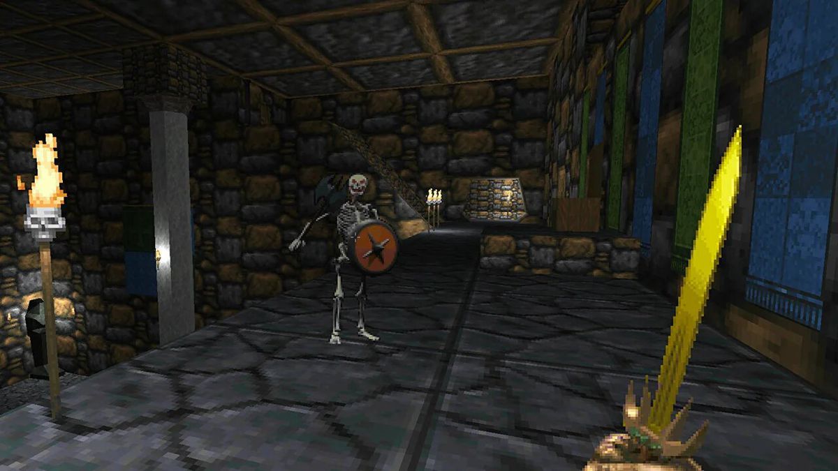 Une capture d'écran de The Elder Scrolls II: Daggerfall montrant le joueur brandissant une épée en or contre un squelette brandissant une épée.