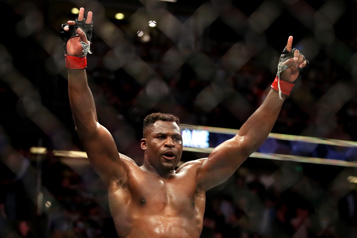 Francis Ngannou celebrates his first successful title defense at UFC 270 against Ciryl Gane. 