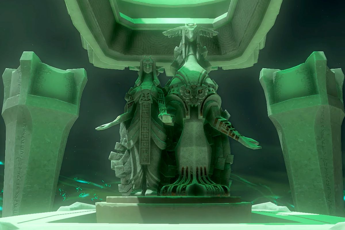 A screenshot shows the shrine statues offering the final Light of Blessing in The Legend of Zelda: Tears of the Kingdom
