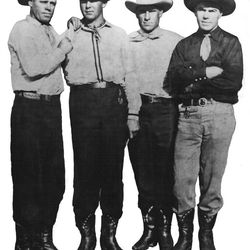 From the left, Jake Lybbert, Waldo Ross, Earl Bascom and Weldon Bascom. The four LDS cowboys produced the first rodeo in Columbia, Miss., 1935.