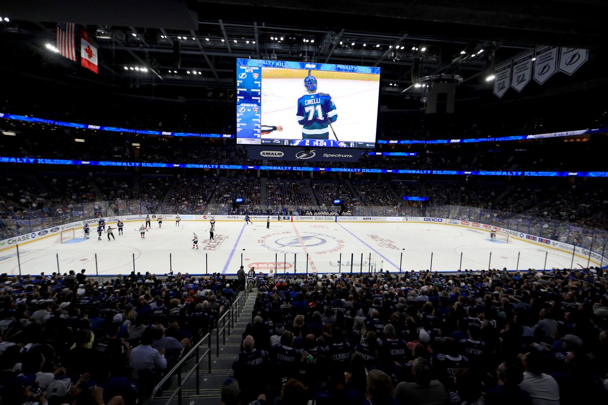 A general view of Amalie Arena during the home opener between the Tampa Bay Lightning and the Florida Panthers on October 03, 2019 in Tampa, Florida.