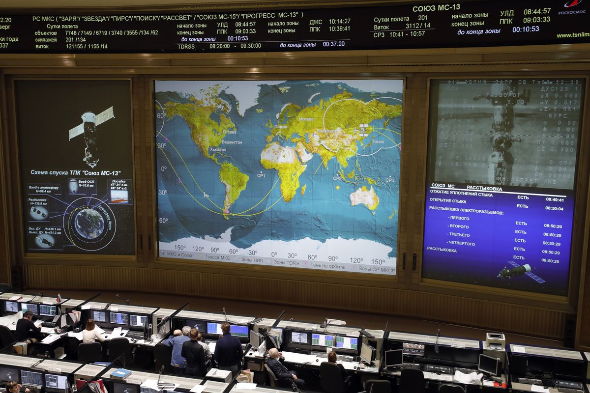 Roscosmos Mission Control Center broadcasting Soyuz MS-13 spacecraft undock from ISS and head to Earth