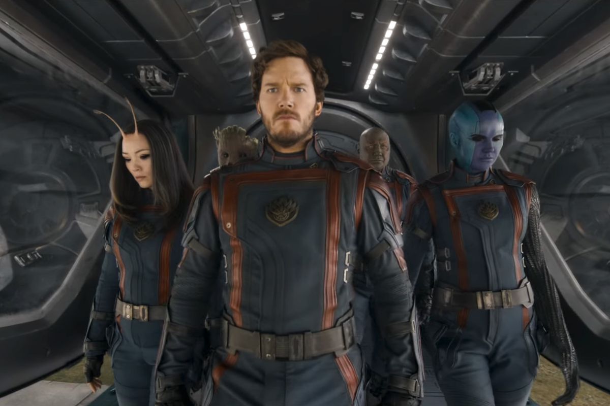 The Guardians of the Galaxy, including Mantis, Star-Lord, Groot, Drax, and Nebula, emerge from their ship