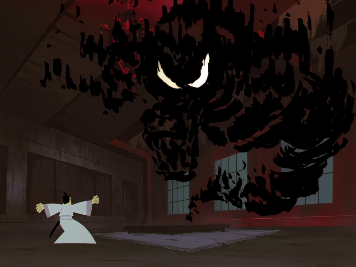 Samurai Jack, wearing white, faces off against a monstrous smoke monster with white eyes in Samurai Jack.