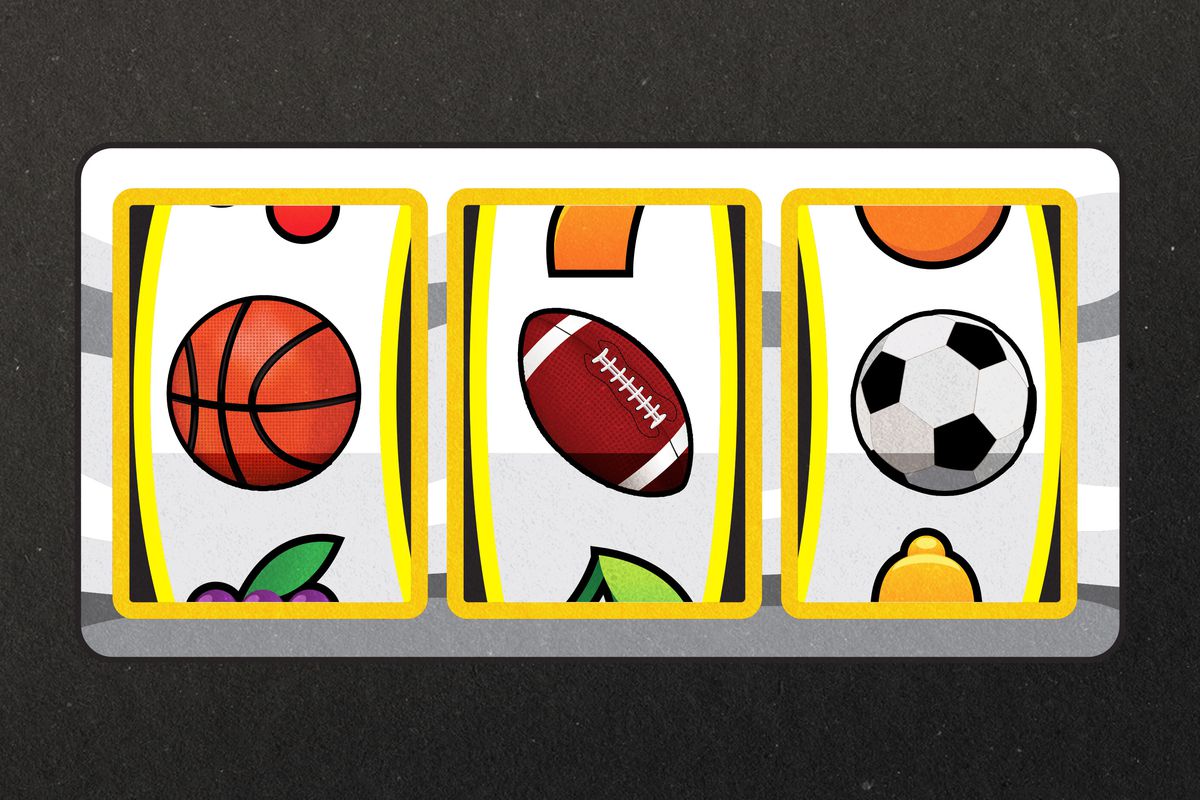 A slot machine showing a basketball, football, and soccer ball