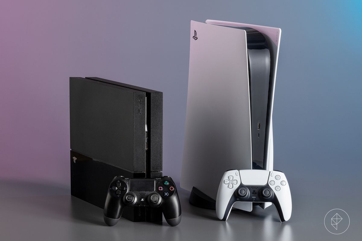 At left, a PlayStation 4 with a DualShock 4 controller. At right, a PlayStation 5 with a Dualsense controller.