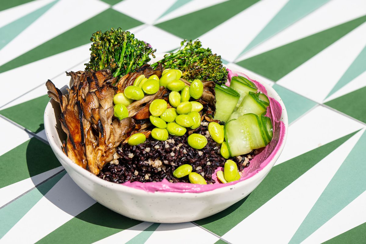 A grain bowl with black rice and maitake mushrooms at the Butcher’s Daughter in West Hollywood.