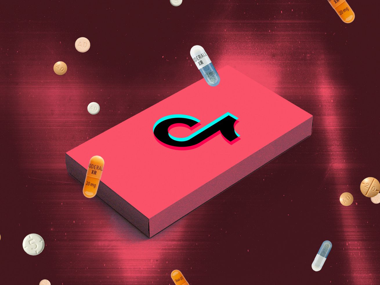 Illustration of the TikTok logo surrounded by floating pills.