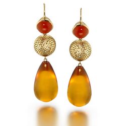 Ray Griffiths <a href="http://www.stoneandstrand.com/earrings/amber-drop-earrings">Amber Drop Earrings</a>, $6,369