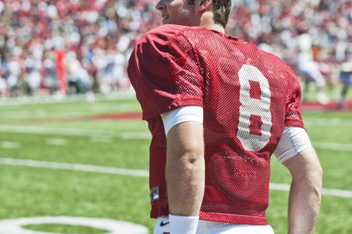 April 21, 2012; Fayetteville, AR, USA; Arkansas Razorback quarterback Tyler Wilson (8) stands on the sidelines during the spring game at Donald W. Reynolds Stadium.  Mandatory Credit: Beth Hall-US PRESSWIRE