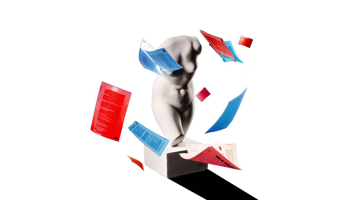 Illustration of a statue of a woman’s torso surrounded by red and blue ballots.