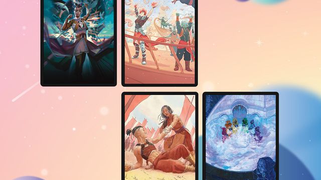 Art depicting four of the card designs in Magic: The Gathering’s Secret Lair collection created in celebration of Pride Month 2022