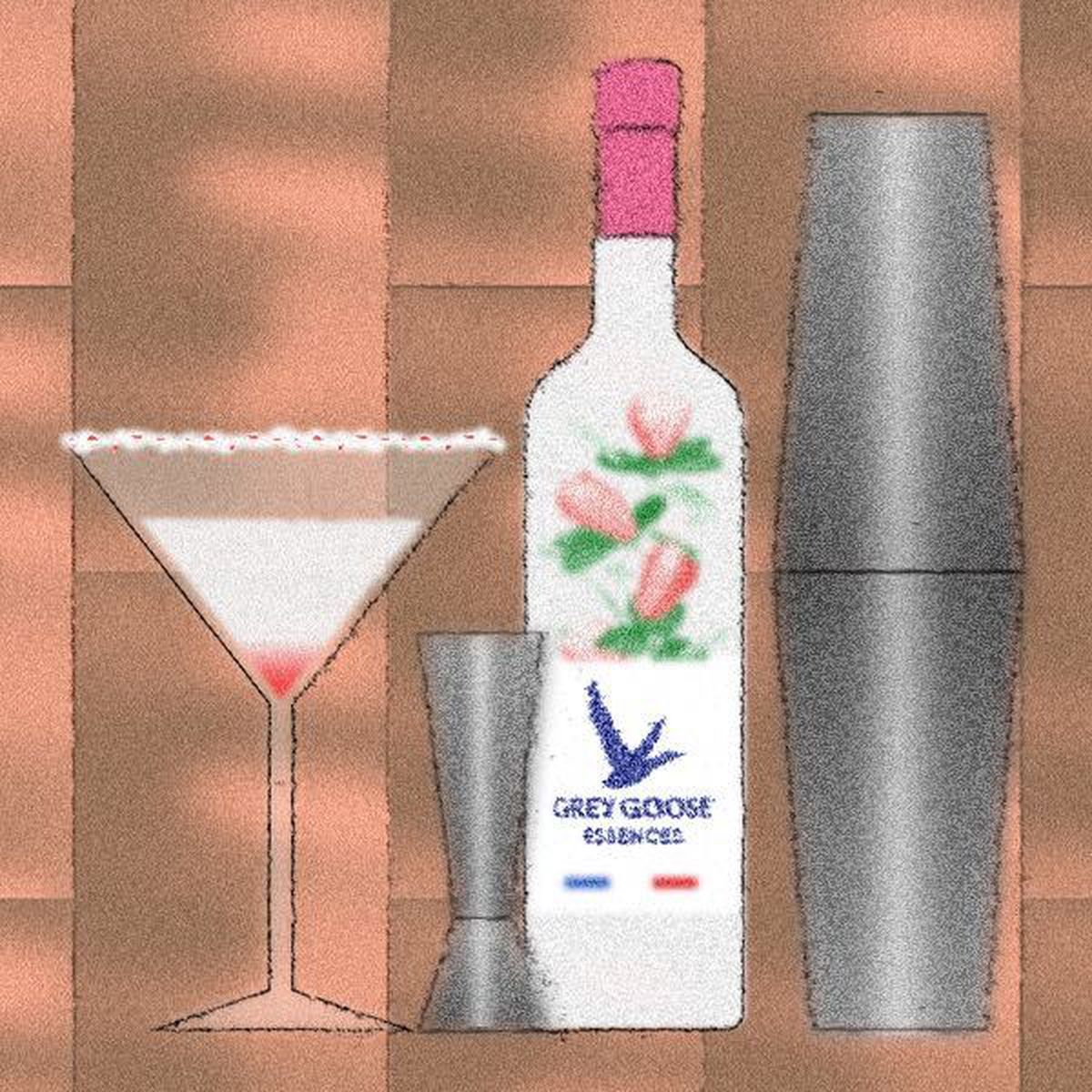 An illustration of a cocktail in a martini glass next to a shaker and a bottle of Grey Goose Essences Strawberry.