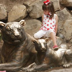 Kaitlyn Van Otten plays on a brass lion at Hogle Zoo in Salt Lake City Wednesday, June 12, 2013.
