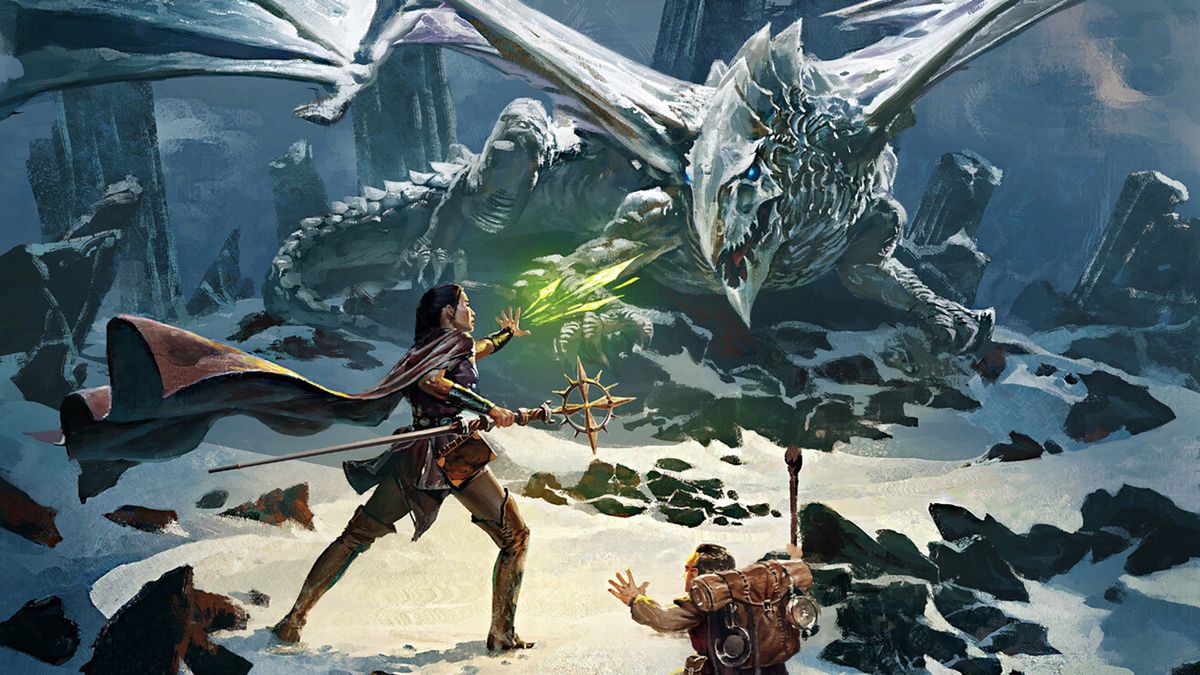 A mage casts a green spell at a white dragon. A dwarf throws up a warning hand, but it’s too late. The dragon rears back to attack. Snow sits on the ground.