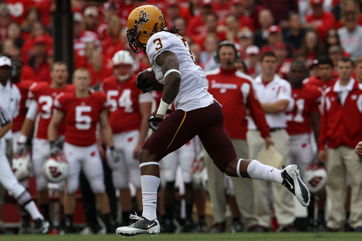 MADISON WI - SEPTEMBER 18: Omar Bolden #3 of the Arizona State Sun Devils returns a kick-off for a touchdown against the Wisconsin Badgers at Camp Randall Stadium on September 18 2010 in Madison Wisconsin. (Photo by Jonathan Daniel/Getty Images)