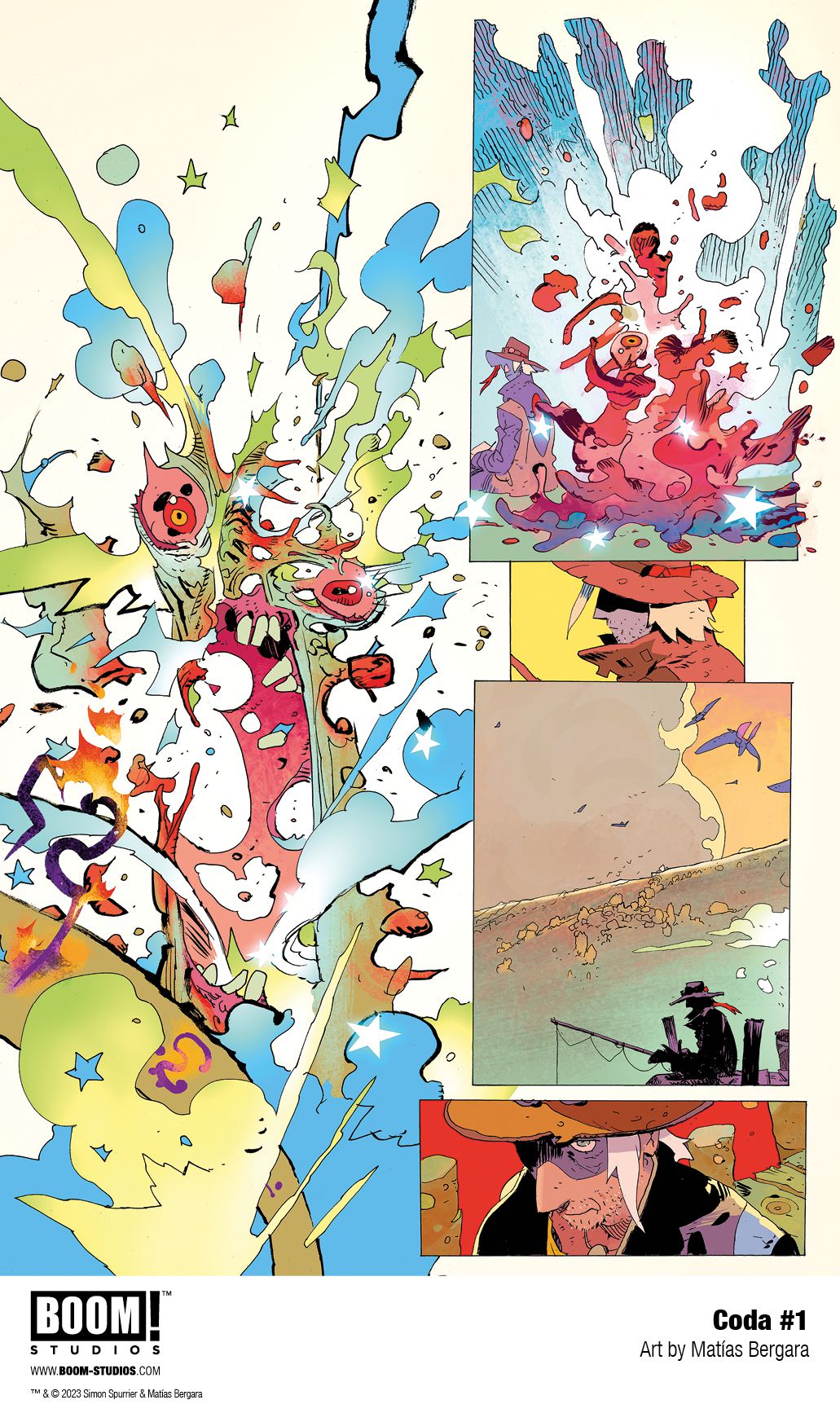 A fairy explodes in a red splat, and Hum sits on a dock, in textless art from Coda #1 (2023).