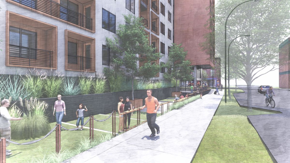 A rendering shows a man jogging passed a small green space at the foot of the building’s Gibson Street side.