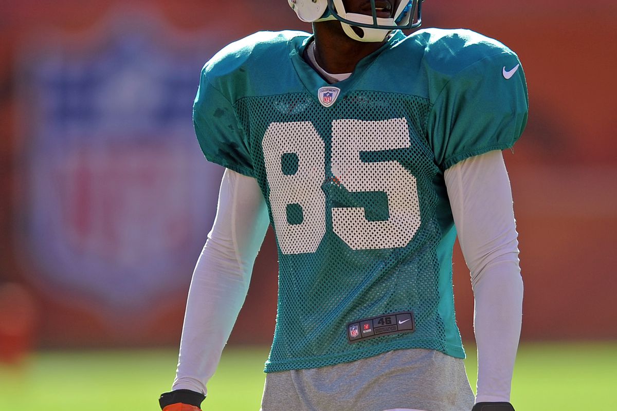 Aug. 4, 2012;  Miami, FL, USA; Miami Dolphins wide receiver Chad Johnson (85) during a scrimmage at Sun Life Stadium. Mandatory Credit: Steve Mitchell-US PRESSWIRE