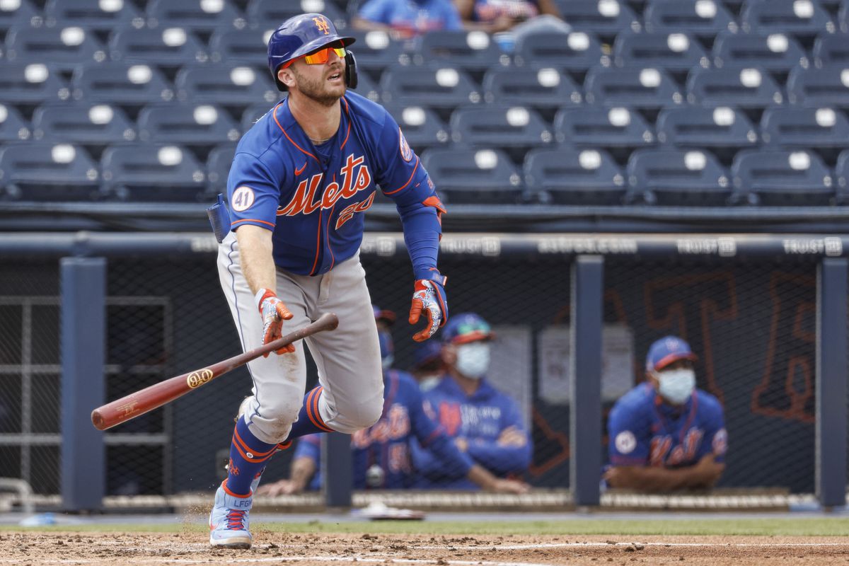 New York Mets infielder Pete Alonso at bat against the Washington Nationals during the fourth inning of a spring training game at FITTEAM Ballpark of the Palm Beaches.&nbsp;