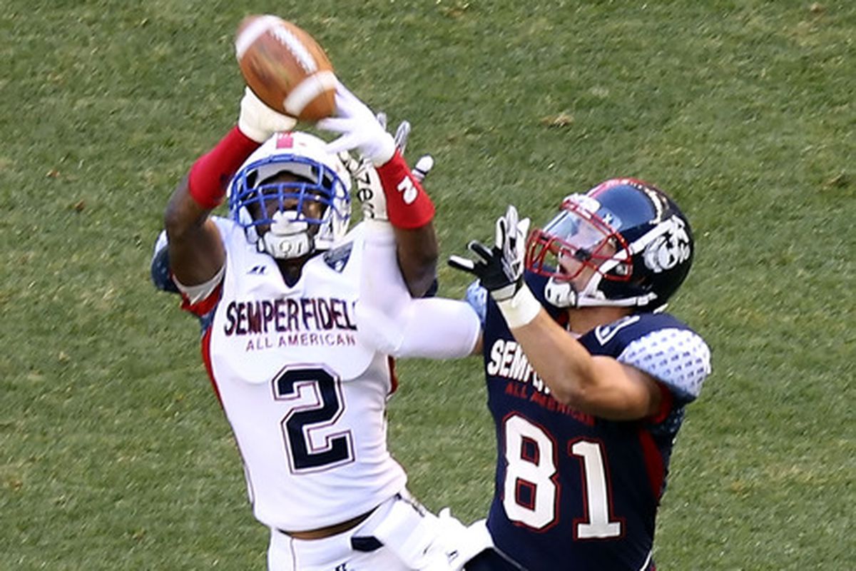 Tee Shepard, seen here deflecting a pass in the 2012 Semper Fidelis high school all-American game