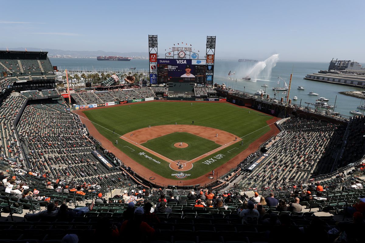 A general view of the San Francisco Giants playing against the Colorado Rockies in the Giants home opener at Oracle Park on April 09, 2021 in San Francisco, California.