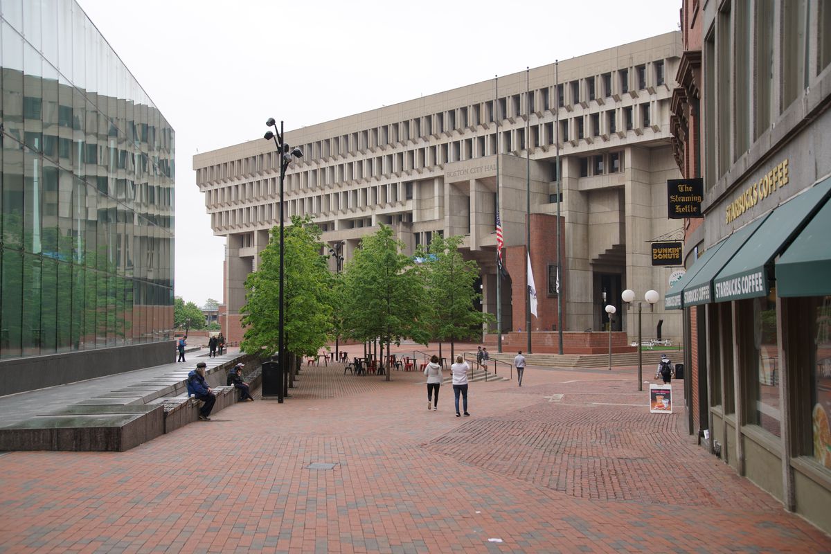 The exterior of Boston City Hall. 