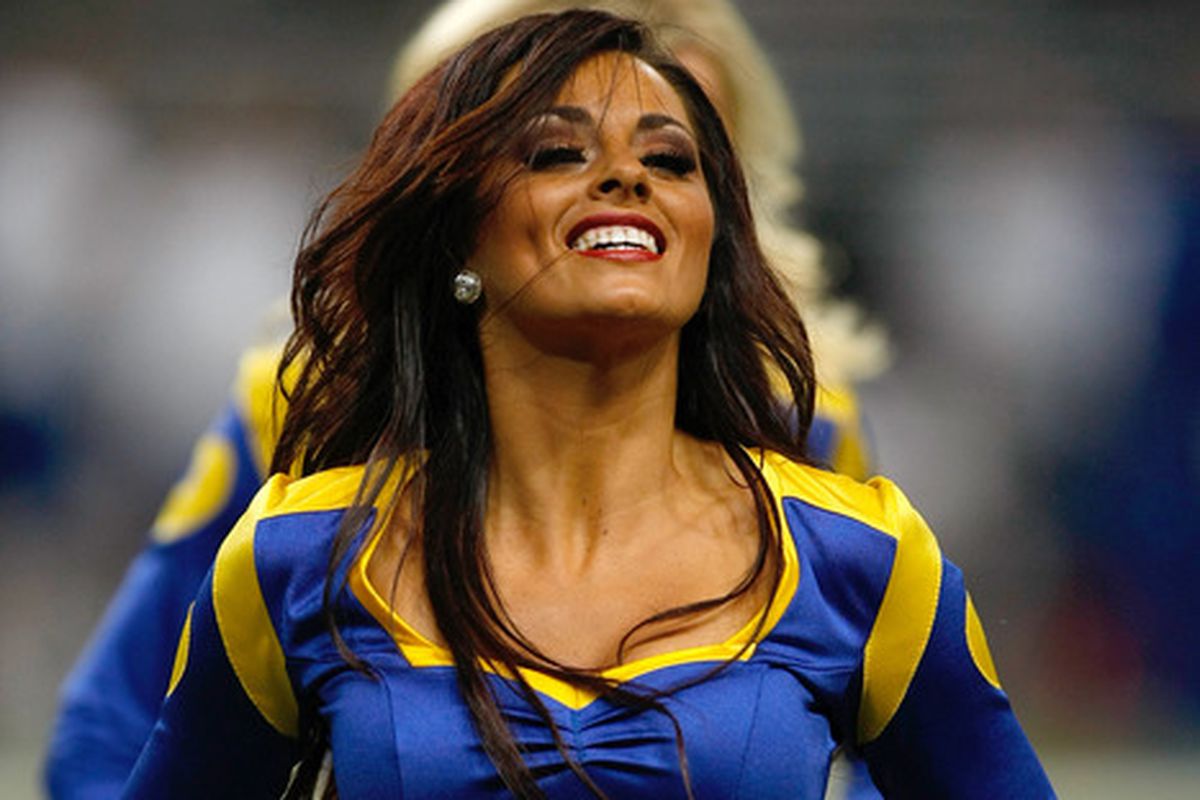 ST. LOUIS, MO - OCTOBER 30: A Rams fcheerleader performs during the game between the New Orleans Saints against the St. Louis Rams on October 30, 2011 at the Edward Jones Dome in St. Louis, Missouri. (Photo by Scott Boehm/Getty Images)