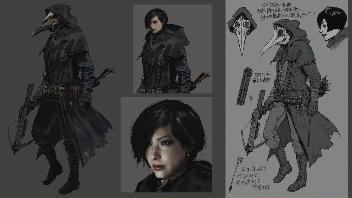 Black and white sketches and character models show Ada Wong looking like a crow.