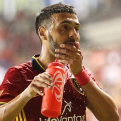 Real Salt Lake midfielder Javier Morales (11) rubs his face with water after Real Salt Lake defeated FC Dallas 1-0 at Rio Tinto Stadium in Sandy on Saturday, Aug. 20, 2016. 
