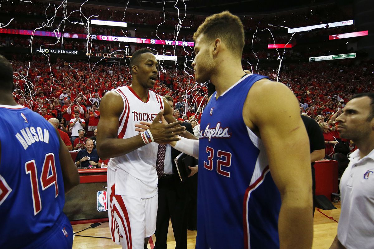 Blake Griffin and Dwight Howard greeting each other after a playoff series