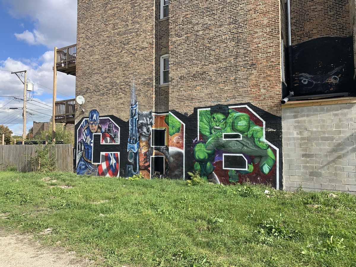 Part of the mural at Kedzie and Fifth avenues, done in 2019 by the CAB graffiti crew.