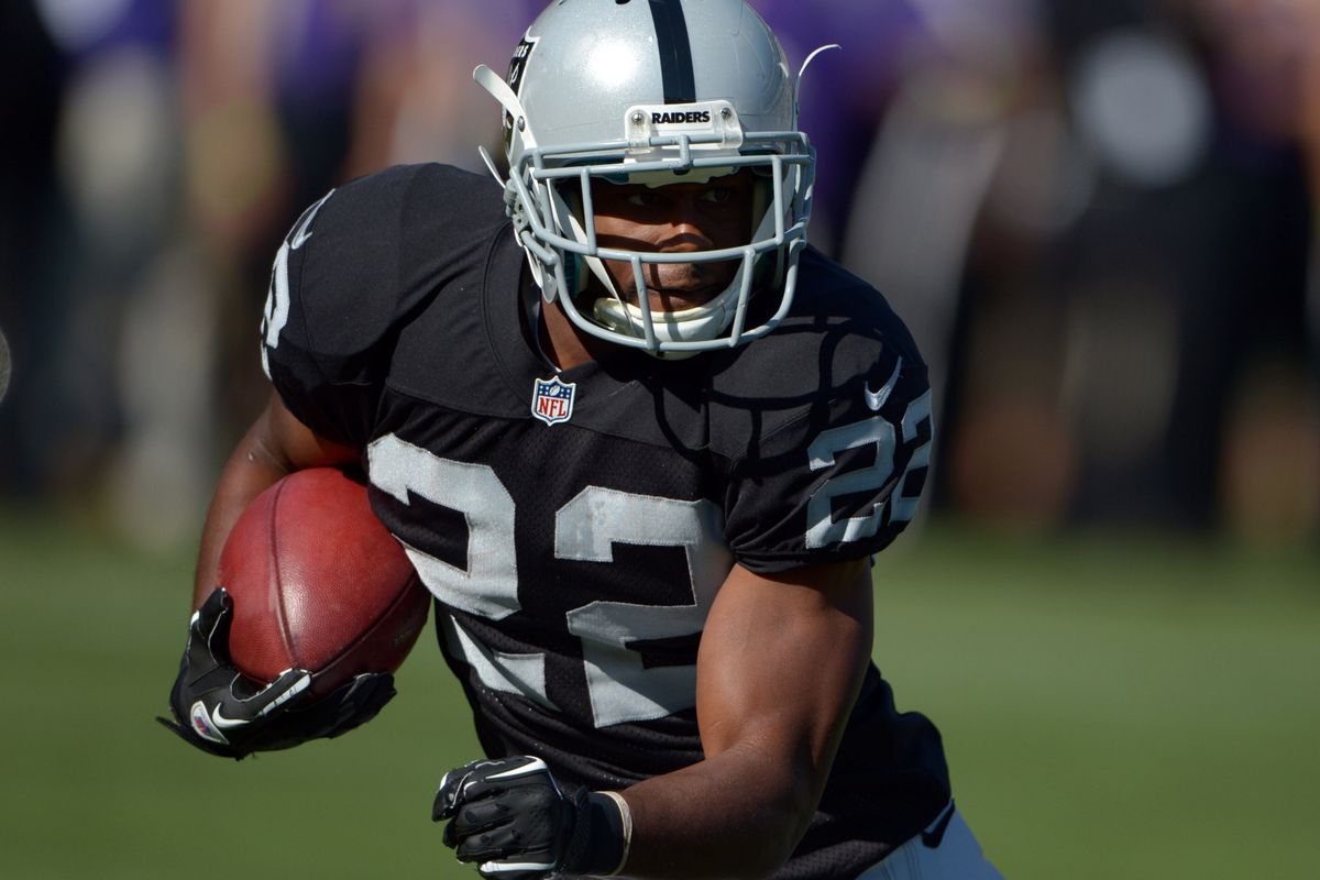 Oakland Raiders running back Taiwan Jones (22) during the game against the Detroit Lions at O.co Coliseum.