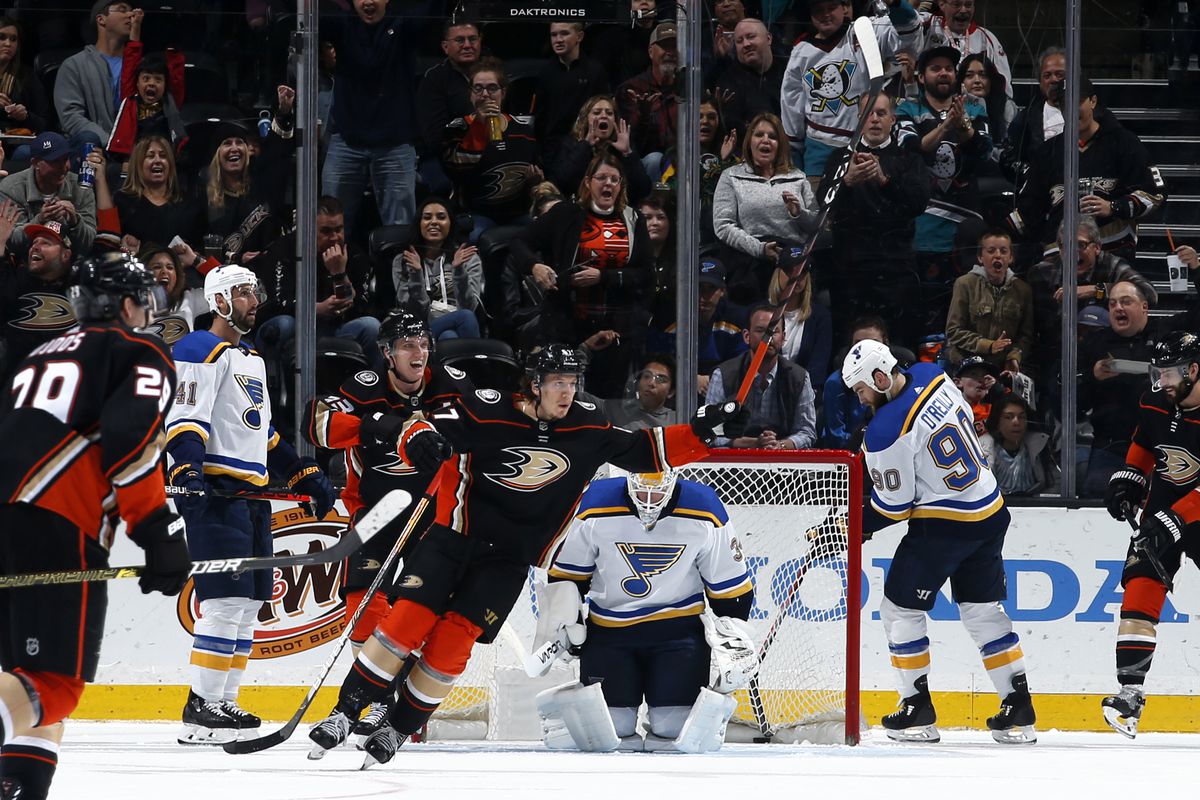 Rickard Rakell #67, Jakob Silfverberg #33, Christian Djoos #29, and Adam Henrique #14 of the Anaheim Ducks celebrate a second period goal against Jake Allen #34, Robert Bortuzzo #41, and Ryan O’Reilly #90 of the St. Louis Blues during the game at Honda Center on March 11, 2020 in Anaheim, California.
