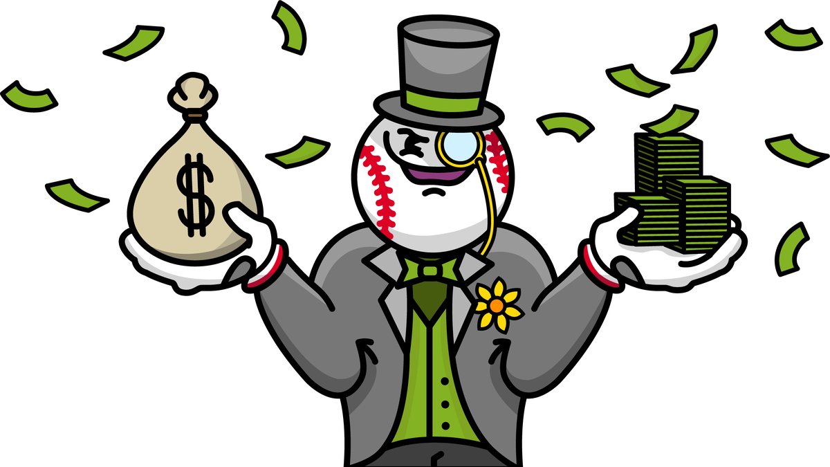 Cartoon illustration of a man with a baseball head dressed like a tycoon — suit, tophat and monocle — laughing maniacally while holding a stack of cash in one hand and a sack with a dollar sign in the other.