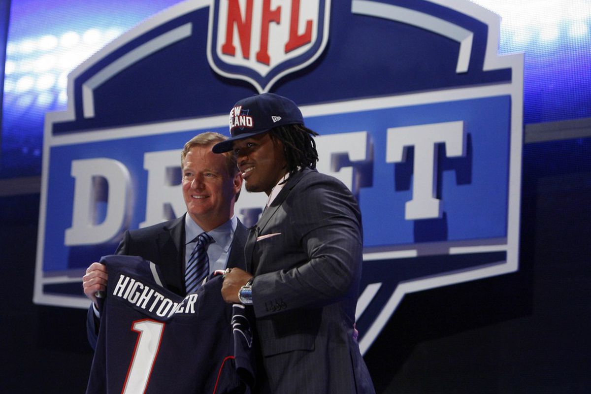 Apr 26, 2012; New York, NY, USA; NFL commissioner Roger Goodell introduces Dont'a Hightower (Alabama) as the number twenty-five overall pick to the New England Patriots in the 2012 NFL Draft at Radio City Music Hall.