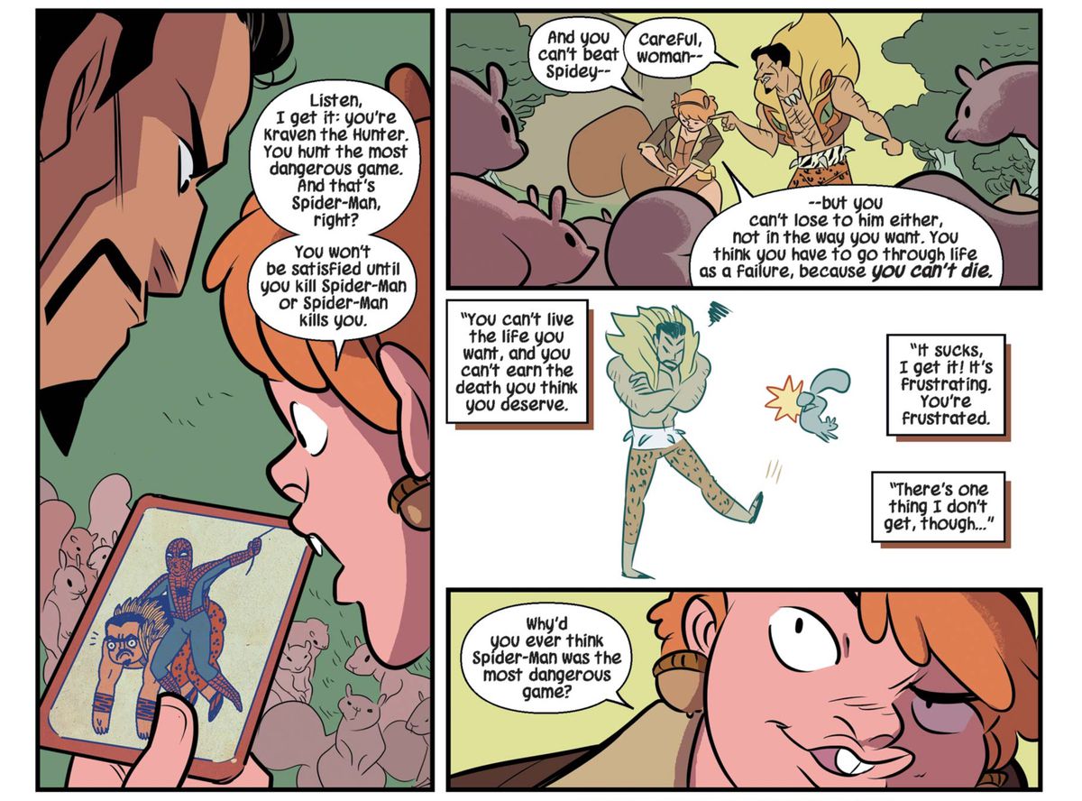 Squirrel Girl discusses Kraven’s core issue with him, that he’s frustrated that life holds no challenges and he can’t earn the death he thinks he deserves, in The Unbeatable Squirrel Girl #1, Marvel Comics (2015). 