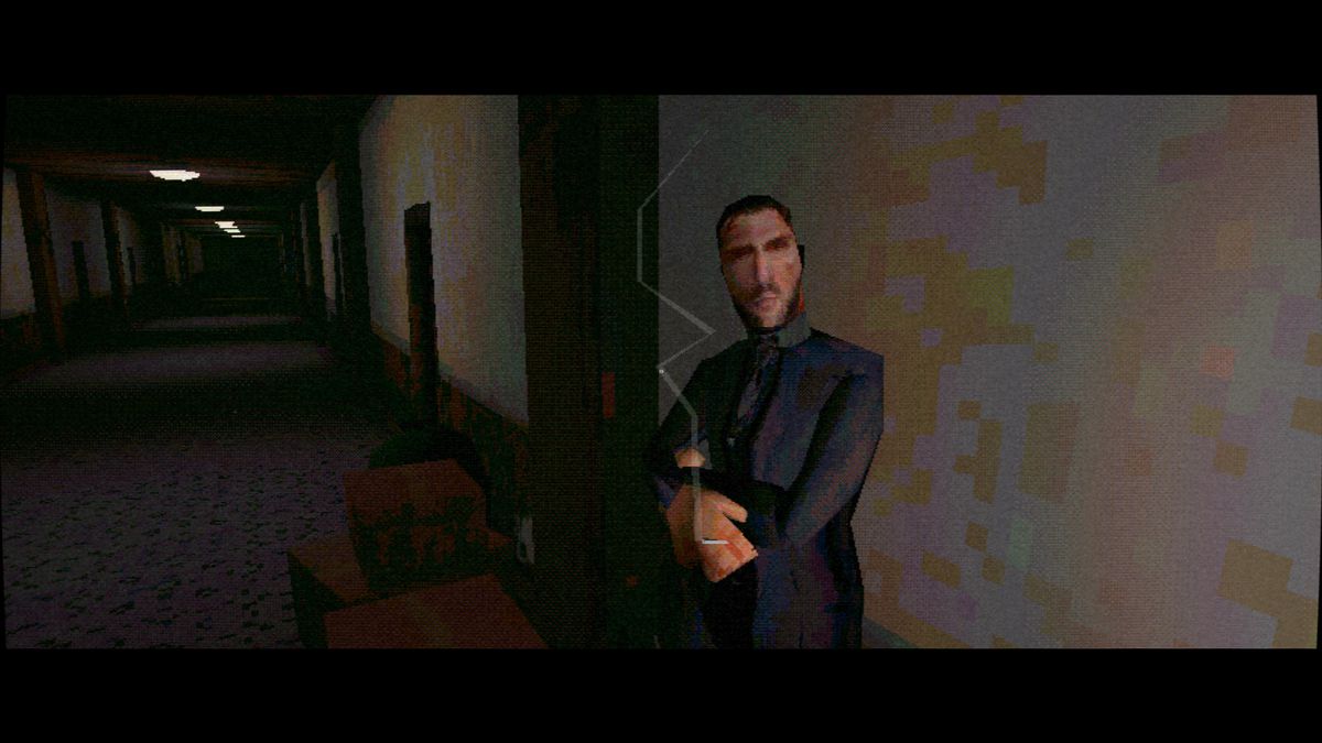 Nightslink - a low poly model of a character stands in the halls of an apartment building. He is a young man smoking a cigarette.