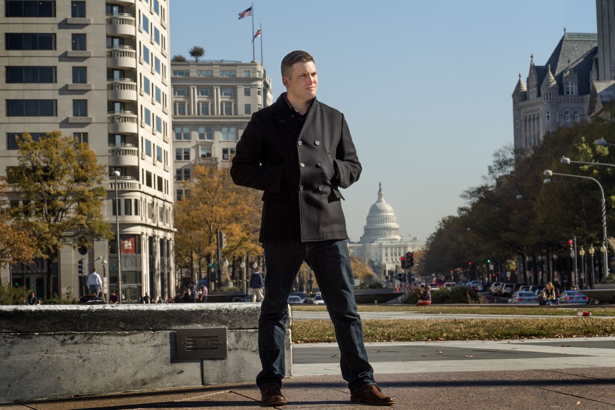 The white nationalist, “alt-right” editor and organizer Richard Spencer, posing with the Capitol in the background.