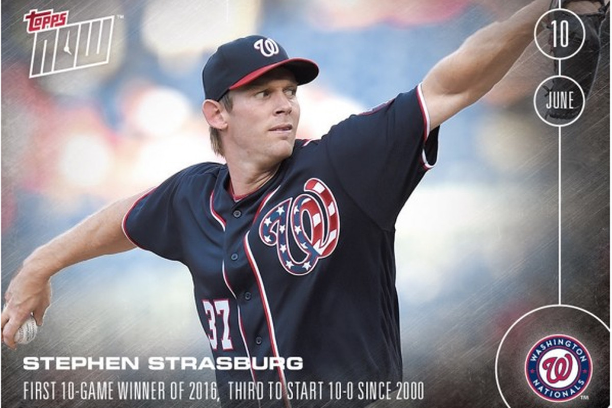 Screencap of Topps' Stephen Strasburg baseball card celebrating his 10-0 start.
